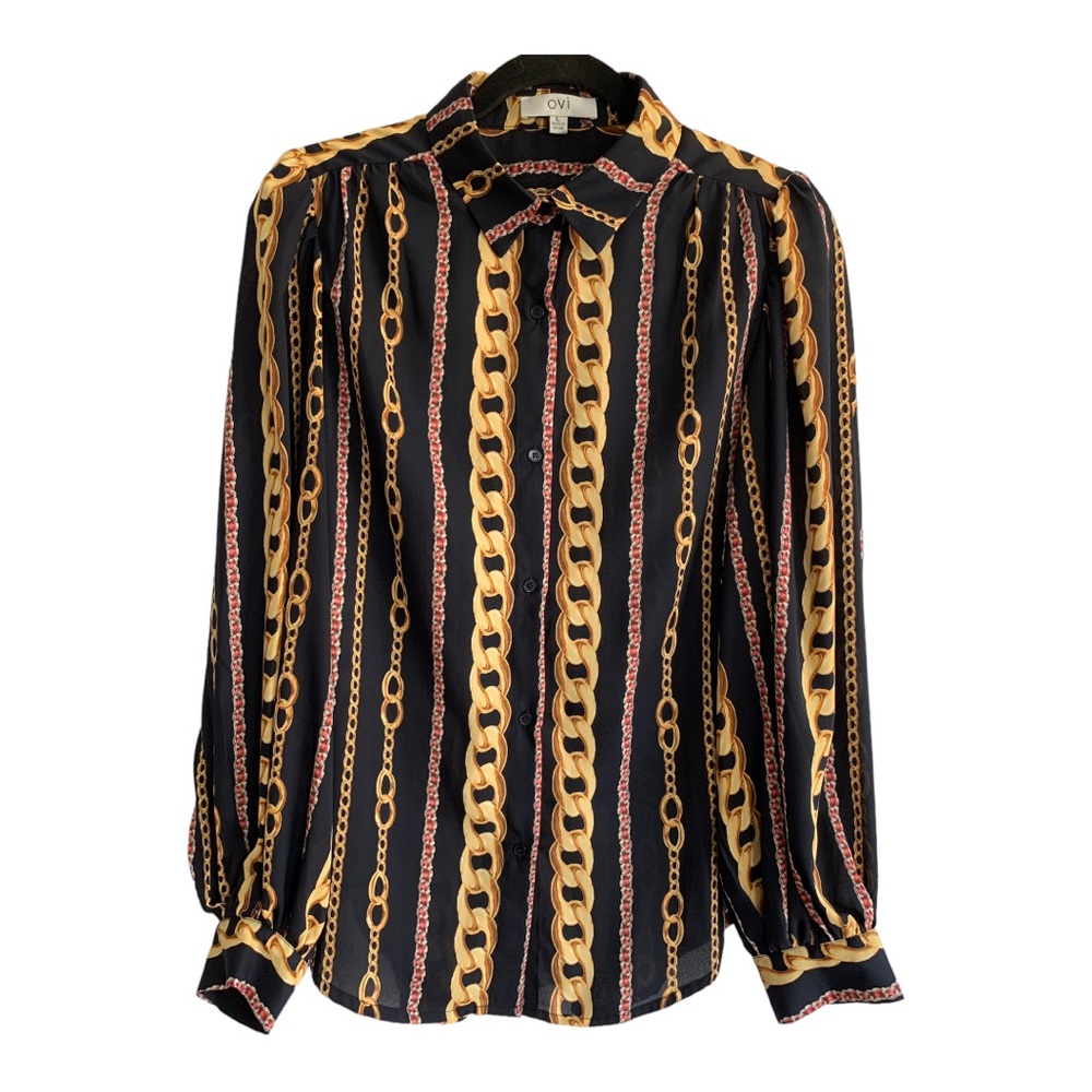 Ovi Black and Gold Chain Pattern Blouse Sz L - Picture 3 of 5
